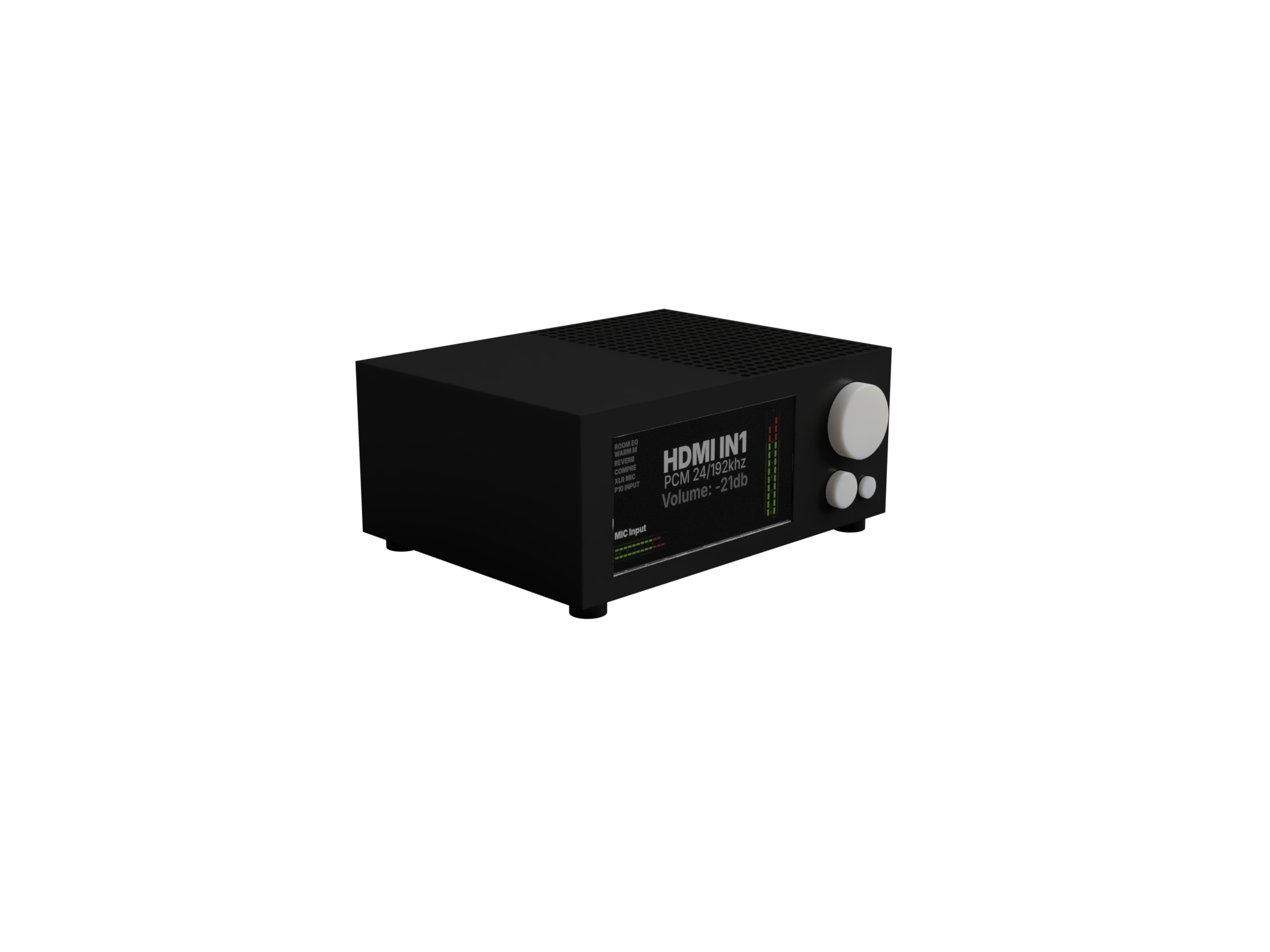 Three-quarter studio render of the SzaboWorks AV receiver prototype