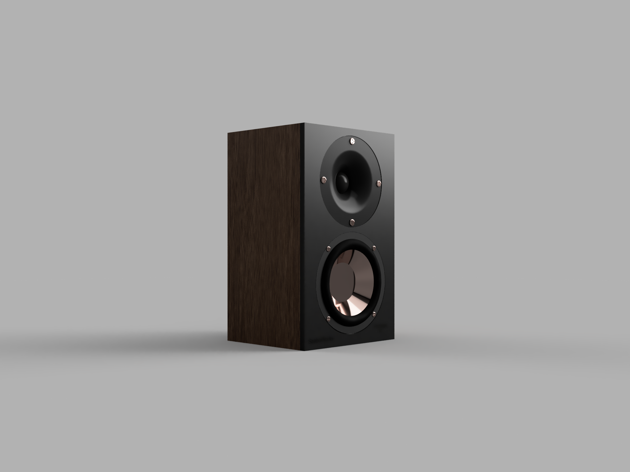 Three-quarter studio render of the SzaboWorks reference monitor prototype